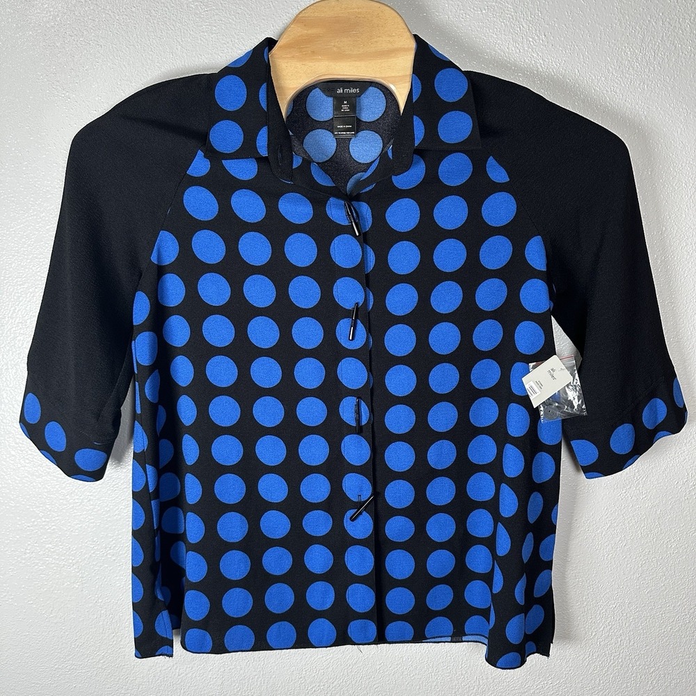 NEW Ali Miles Black Blue Polka Dot Button Up 3/4 Sleeve Top Womens Size Medium